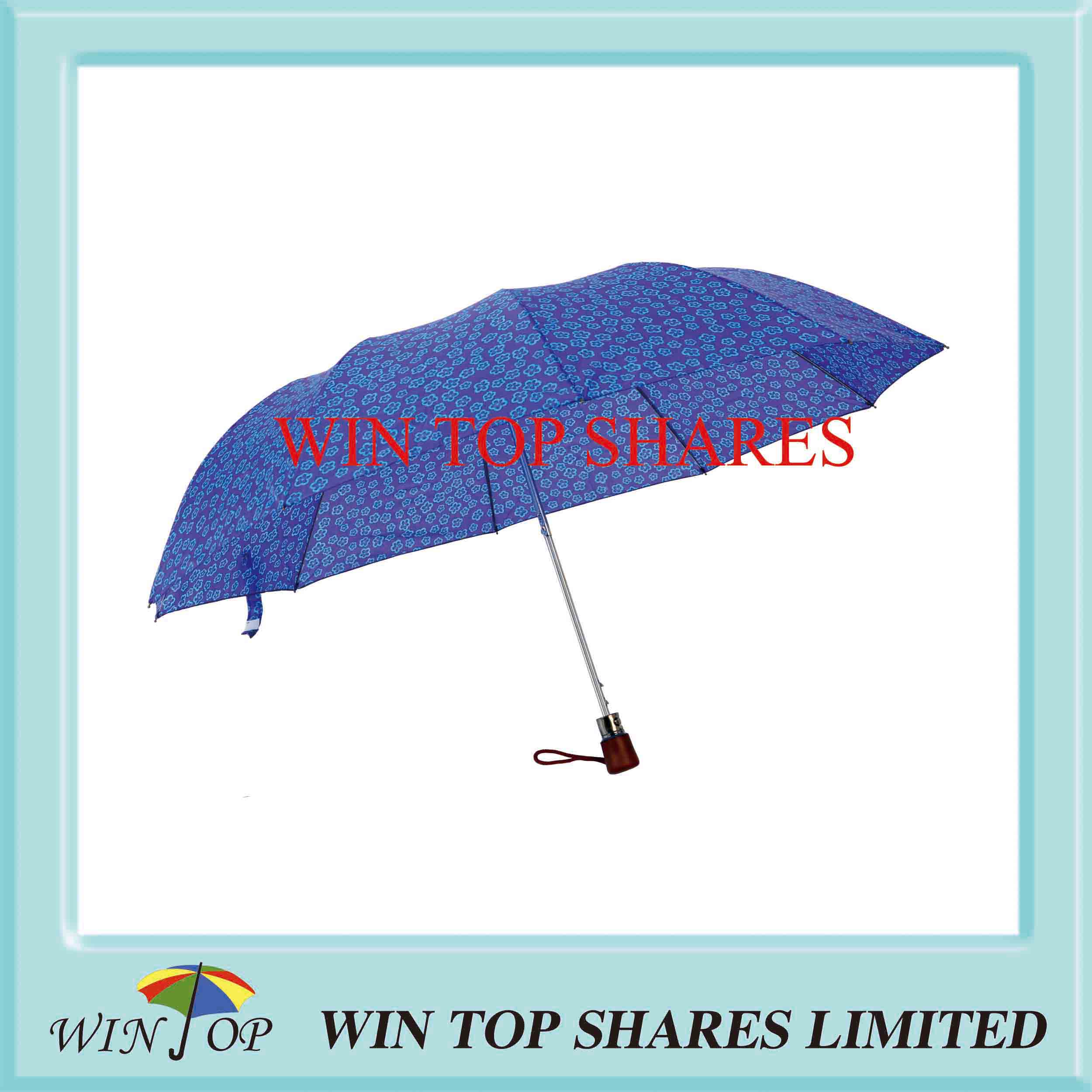 Blue Printed Polyester 3 Folds Gift Umbrella